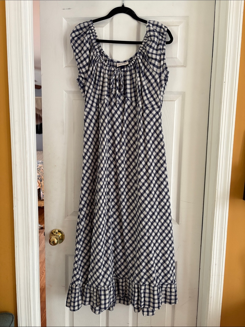 Navy and White Gingham Maxi Dress with Ruffle Hem